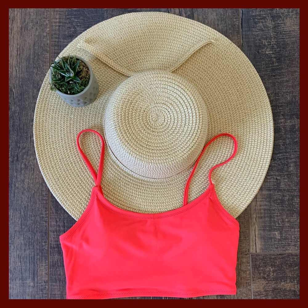 Tomato colored scoop neck long length bikini top